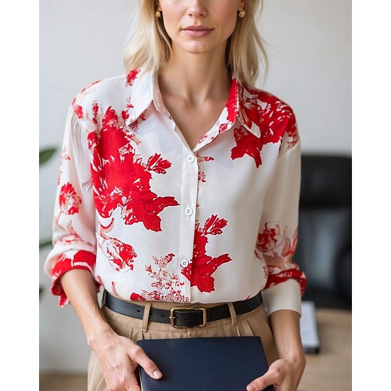 Women's Blouse Dressy Tops Chiffon Tops Floral Color Block Elegant Daily Stylish Long Sleeve Shirt Collar Regular Tops Work Daily Buttons Print White and Red Red / black Black Red Gray+White Spring2