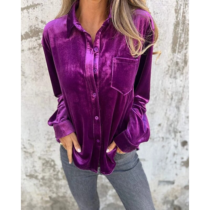 Women's Shirt Texture Blouse Plain Stylish Modern Long Sleeve Shirt Collar Regular Tops Work Daily Going out Buttons Army Green Purple Brown Rose Pink Spring Fall