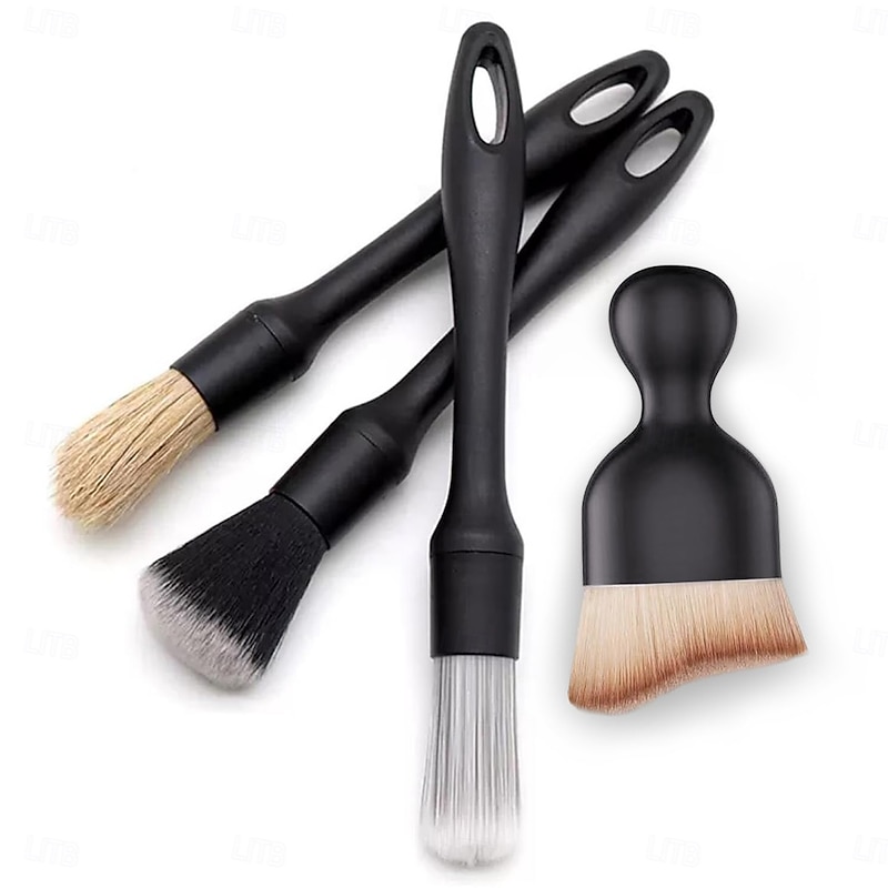 4 PCS Car Detailing Brush Set for Cleaning Interior or Exterior Boars Bristle Detailing Brushes Dusting Cleaning Supplies Tool for Emblem Air Vents Wheels Leather Upholstery Seat