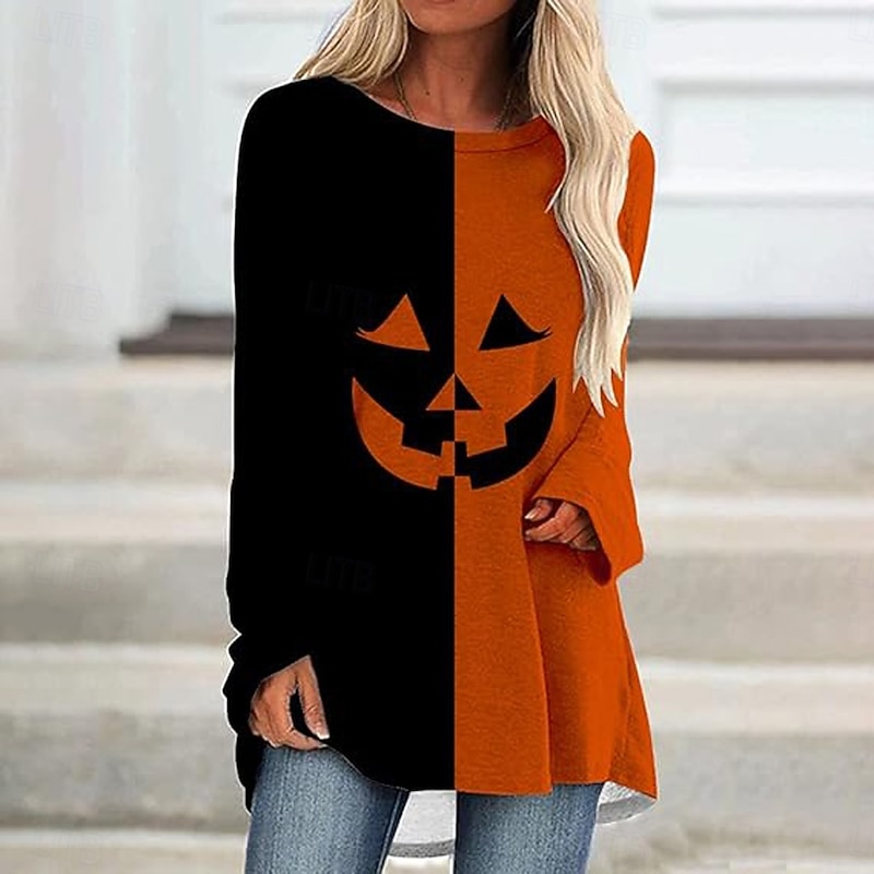 Halloween Women's T shirt Pumpkin Graphic Vintage Stylish Classic Long Sleeve Crew Neck Round Neck Long Tops Daily Print Black Yellow Orange Spring Fall2
