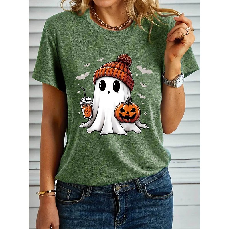 Halloween Women's T shirt Ghost Graphic Pumpkin Vintage Stylish Classic Short Sleeve Crew Neck Regular Tops Daily Weekend Print Black White Blue Purple Green Summer Fall4