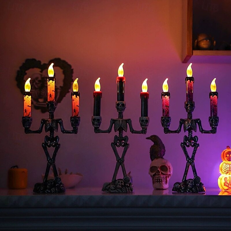 Halloween Skeleton Candlestick Lamp Ghost Festival Horror Decoration Props Pumpkin Lamp Skull Ornaments LED Electronic Candle Lamp AAA Battery Powered3