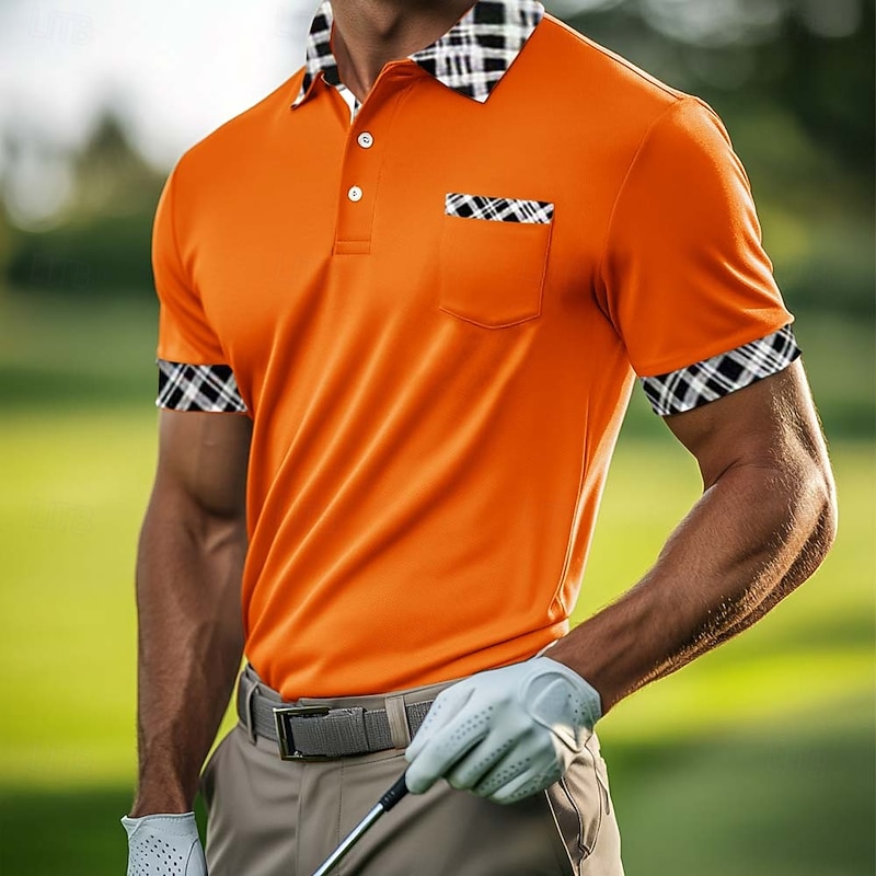 Men's Cotton Blend Polo Shirt Golf Shirt Casual Sports Lapel Short Sleeve Fashion Basic Houndstooth Plaid / Check Patchwork Pocket Summer Spring Slim Fit White Light Blue Orange Khaki Grey Cotton