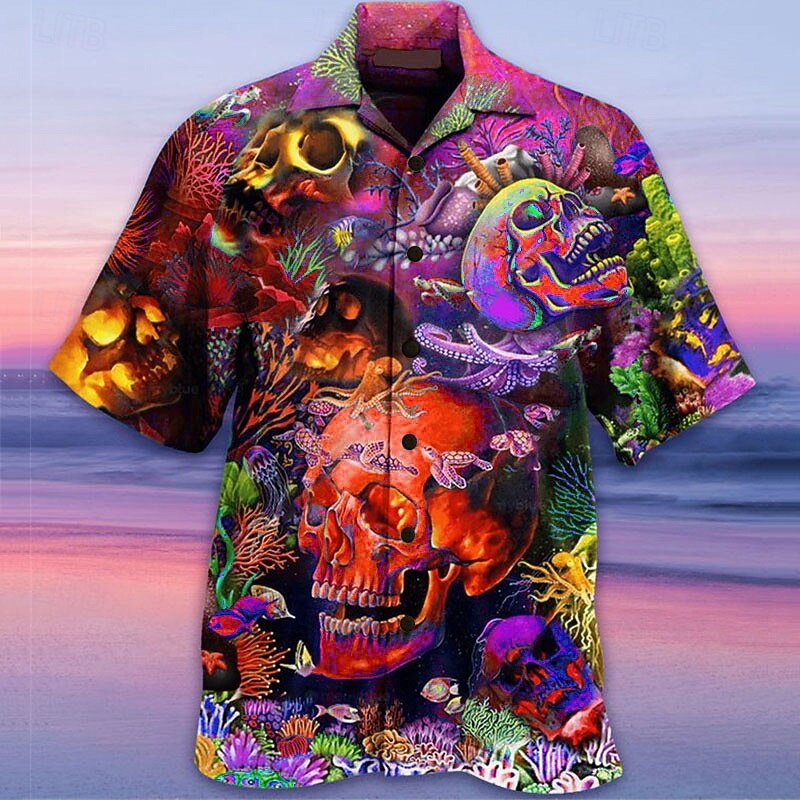 Men's Skull Hippie Shirt Summer Hawaiian Shirt Button Up Shirt Short Sleeve Tropical Fashion Hawaiian Casual Hawaiian Holiday Summer Spring Turndown Print Button-Down Yellow Red Navy Blue Green4