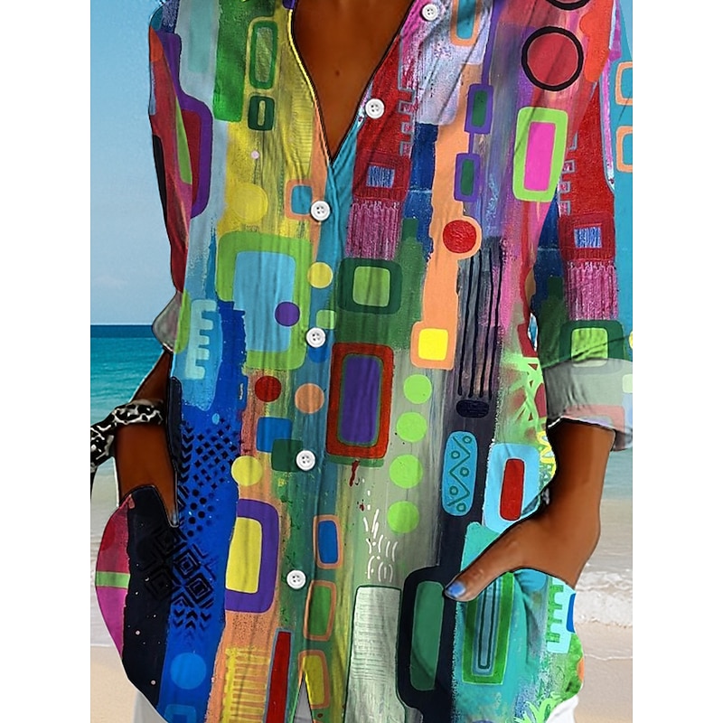 Women's Shirt Button Down Tunic Shirt Collar Long Sleeve Graphic Geometric Plaid Vintage Tropical Daily Regular Tops Work Daily Holiday s Print Yellow Red Blue Purple Green Spring Fall3