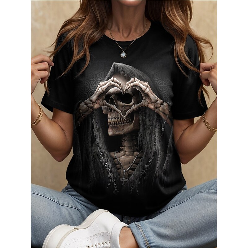 Halloween Women's T Shirt Skulls Floral Graphic Vintage Stylish Classic Short Sleeve Crew Neck Round Neck Regular Tops Daily Weekend Print Black and White Black Yellow Red Blue Summer Fall4