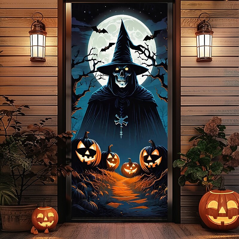 Halloween Door Covers Skeletons Witch Door Tapestry Door Curtain Decoration Backdrop Door Banner for Front Door Farmhouse Holiday Party Indoor Outdoor Decor Supplies4