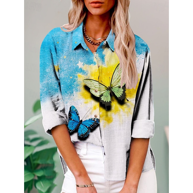 Women's Shirt Floral Butterfly Active Daily Stylish Long Sleeve Shirt Collar Regular Tops Daily Holiday Buttons Print White Yellow Blue Purple Green Summer Spring Fall