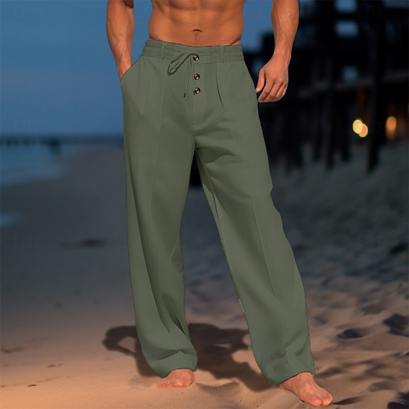 Men's Linen Pants Trousers Summer Pants Gauze Pants Drawstring Elastic Waist Straight Leg Plain Comfort Breathable Full Length Daily Holiday Beach Vacation Fashion White Sky Blue3
