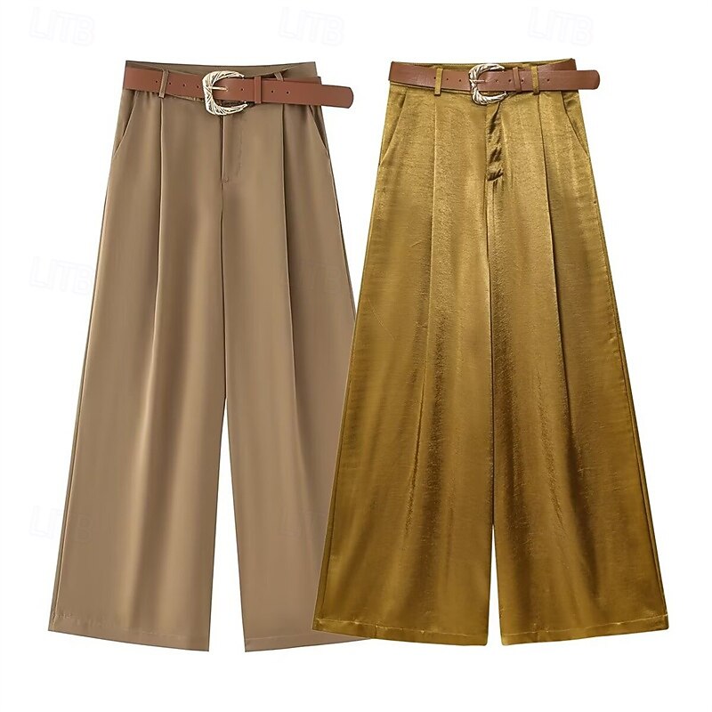 Women's Wide Leg Pants Trousers Palazzo Pants Fashion Streetwear Full Length High Waist Plain Breathability Comfortable Street Daily Wear Going out Yellow Khaki Spring Fall Regular Fit