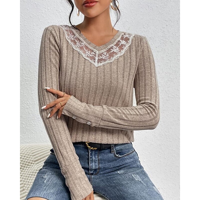 Women's Sweater Pullover Daily Stylish Casual Solid Color Ribbed V Neck Lace Knitted Long Sleeve Regular Tops Knit Daily Holiday Going out Khaki Fall Winter4