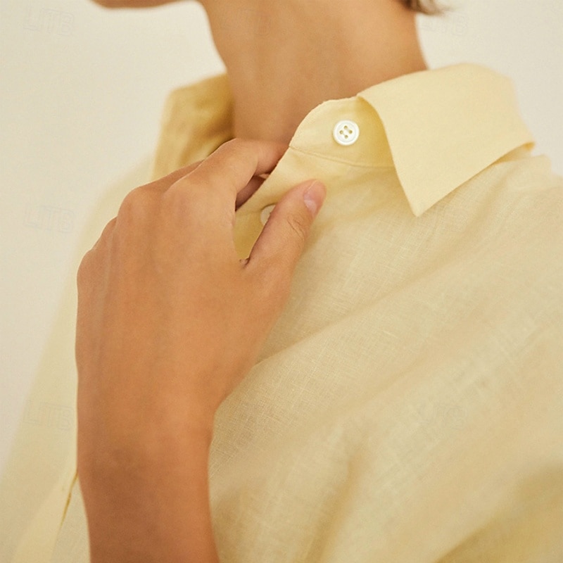 Women's 100% Linen Shirt Elegant Vintage Daily Long Sleeve Shirt Collar Regular Tops Work Daily Holiday Cream yellow off white Summer Spring Fall2