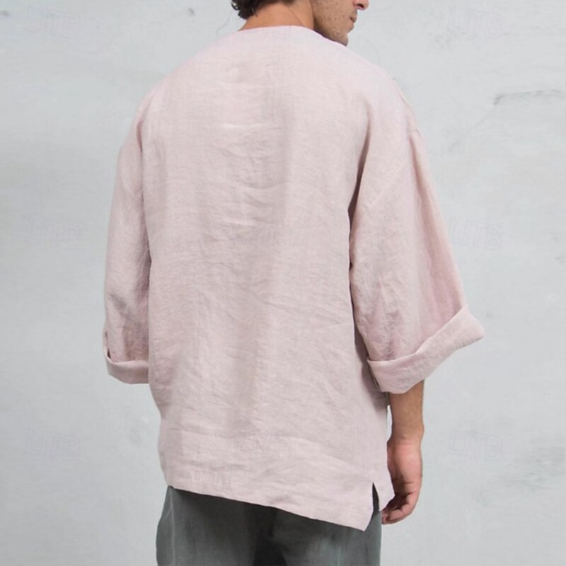 Men's Tee Top Linen T-Shirt Long Sleeve Short Sleeves V Neck Summer Spring Plain Fashion Designer Basic Soft Vacation Street Casual Pink White Navy Blue Top Tee for Men2
