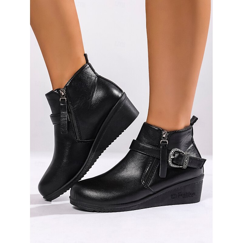 Women's Brown Faux Leather Wedge Ankle Boots – Side Zipper Booties with Buckle Strap, Comfortable Non-Slip Casual Winter Shoes4