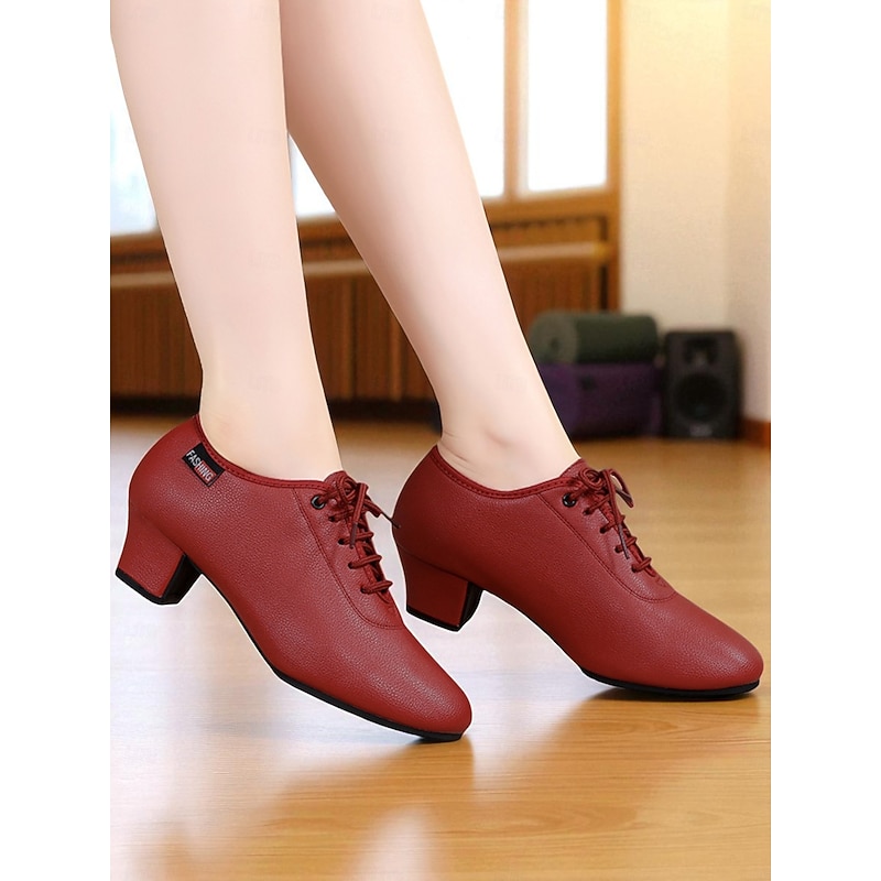 Women's Professional Dance Shoes - Burgundy Lace-Up Practice Heels with Comfortable Block Heel and Soft Leather Finish, Ideal for Ballroom, Latin and Jazz Dance Training3
