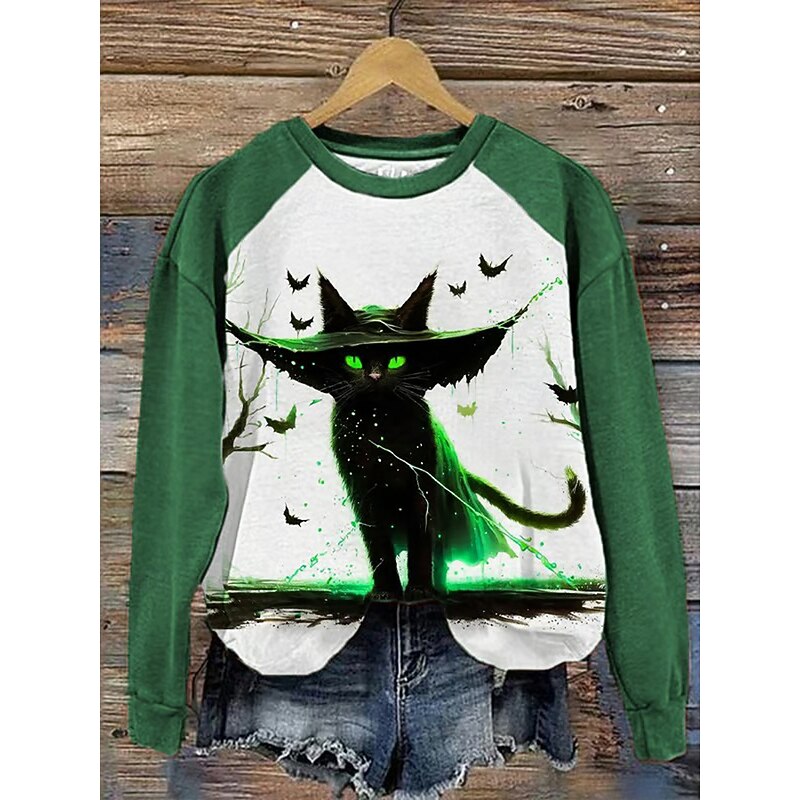 Halloween Women's Pullover Sweatshirt Black Cat Graphic Animal Fashion Casual Long Sleeve Crew Neck Regular Tops Street Dailywear Casual Print Black Orange Green Fall Winter2