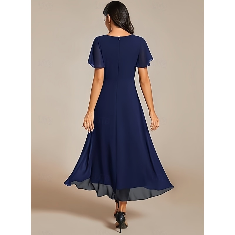 A-Line Wedding Guest Dresses Elegant Formal Dress Wedding Guest Engagement Asymmetrical Short Sleeve V Neck Chiffon with Ruched Ruffles 20252