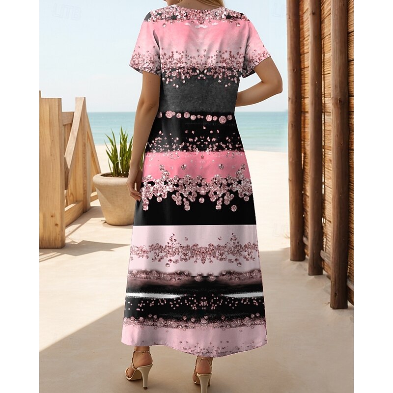Women's Maxi Dress T Shirt Dress Tee Dress Sundress Shift Dress Vacation Casual Beach Party Beach Regular Fit Geometric Short Sleeve Crewneck Pink Blue Purple Green Summer Spring2