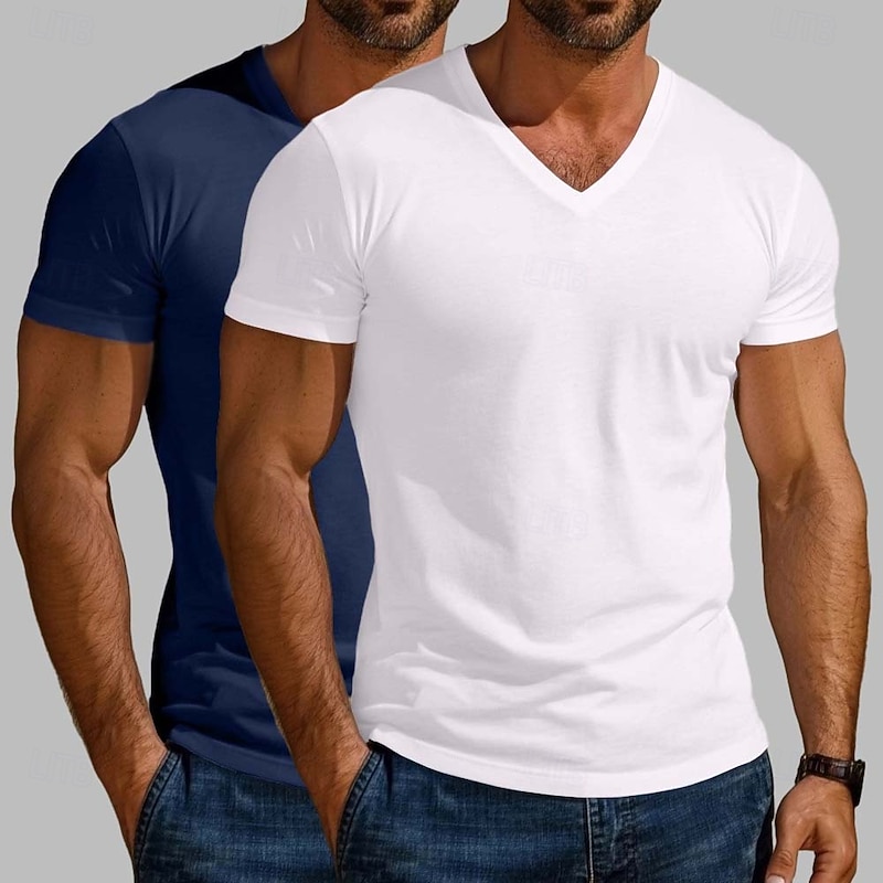 Men's T Shirt Tee Top Short Sleeve Short Sleeves V Neck Summer All Seasons Solid Color Plain Designer Basic Modern Contemporary V Neck 2 Piece Vacation Street Casual Dark Blue+White Blue / Green3