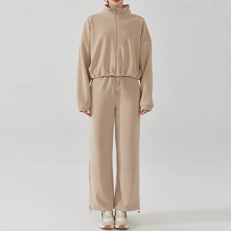 Women's Sport Suit Fleece Sweatsuit Fall Pocket Full Zip Solid Color Clothing Suit Black Khaki Outdoor Running Yoga High Waist Windproof Lightweight Warm Long Sleeve Sport Activewear Loose Fit2