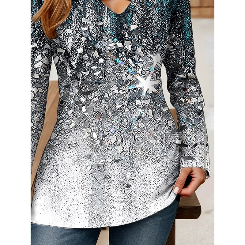 Women's T Shirt Ombre Graphic Abstract Vintage Stylish Classic Long Sleeve V Neck Regular Tops Daily Cut Out Print Dark Gray Spring Fall Winter3