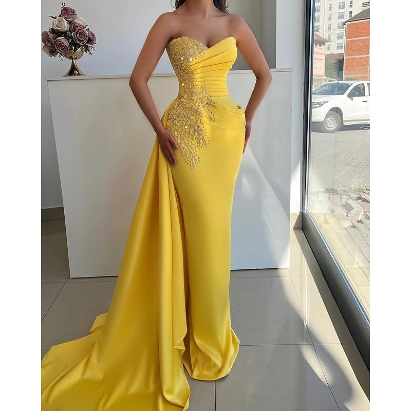 Mermaid / Trumpet Evening Gown Elegant Dress Formal Wedding Floor Length Sleeveless StraplessMother Of the Bride Dress Satin with Rhinestone Glitter Ruched2