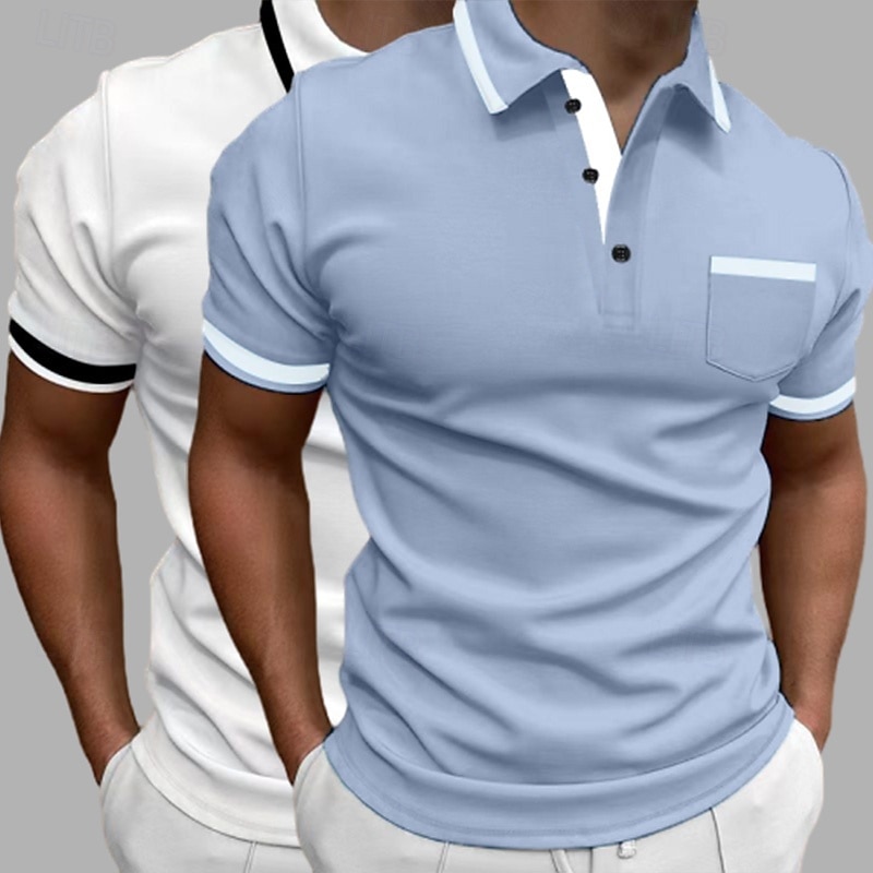 2 Pieces Men's Color Block Polo Shirts Pocket Golf Shirt Short Sleeve Lapel Fashion Basic Comfortable Sports & Outdoor Casual Athleisure Front Pocket Summe2
