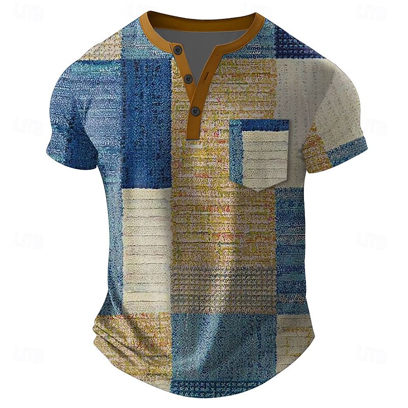 Men's Geometric Patchwork T Shirt Henley Shirt Short Sleeve T shirt 3D Print Henley Shirt Designer Retro Vintage Street Casual Daily Blue Purple Khaki Summer Spring All Seasons Clothing Apparel S M L