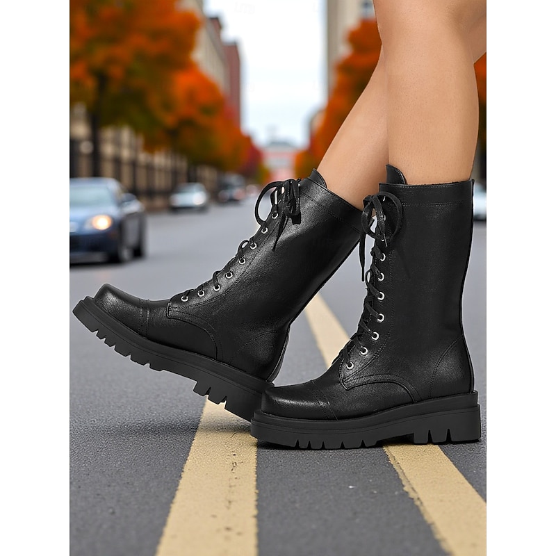 Women's Black Faux Leather Lace-Up Combat Boots – Chunky Sole Military Style Mid-Calf Boots for Fall and Winter Streetwear，Casual Outings, Urban Fashion2