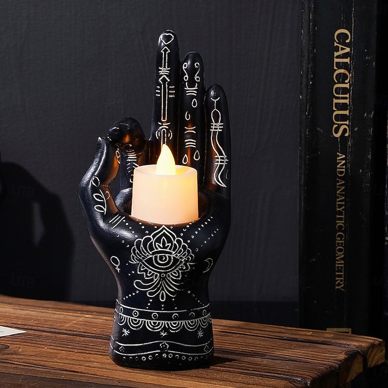 Halloween Resin Left Hand with Three Eyes Statue, Spooky Art Decor with Candle Holder, Horror Design Element for Home Decor, Halloween Parties, and Day of the Dead Celebrations