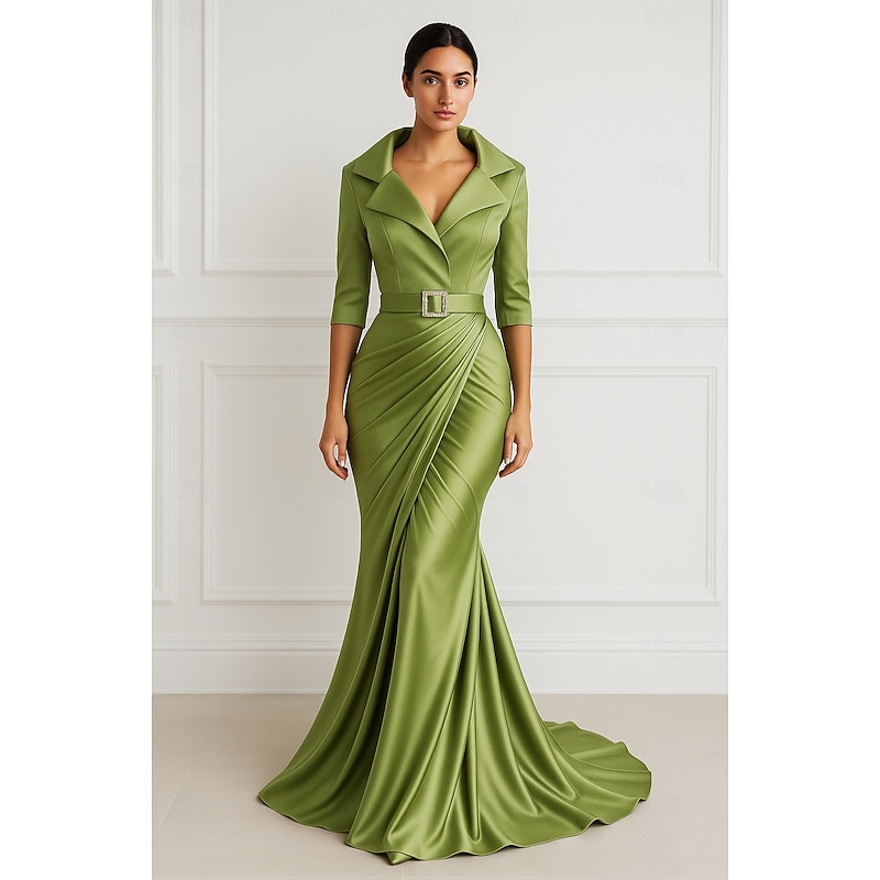 Black Tie Mermaid / Trumpet Evening Gown Elegant Dress Formal Wedding Floor Length Half Sleeve Lapel Belt / Sash Stretch Satin with Pleats4