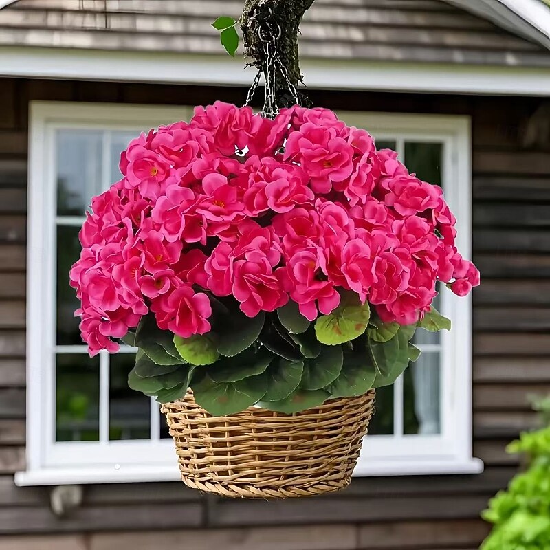 8 Bundles UV Resistant Artificial Geranium Flowers, Vivid Pink Faux Plants with Greenery for Indoor Outdoor Home Garden Wedding Decor4