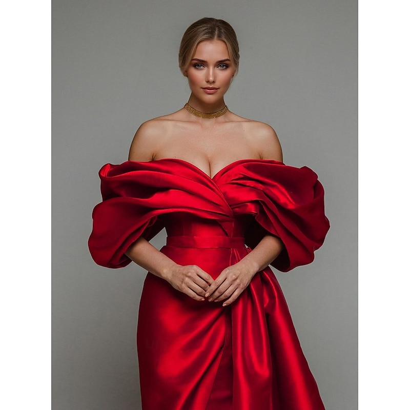 Red A-Line Evening Gown Elegant Dress Formal Wedding Court Train Sleeveless Off Shoulder Satin Slit with Ruched and Pleats2