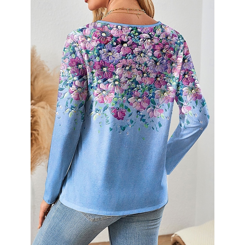 Women's T shirt Long Sleeve Quarter Zip Long Sleeve Casual Floral Graphic Gradient Elegant Vintage Stylish V Neck Regular Tops Daily Yellow Pink Blue Purple Green Spring Fall Prefall2