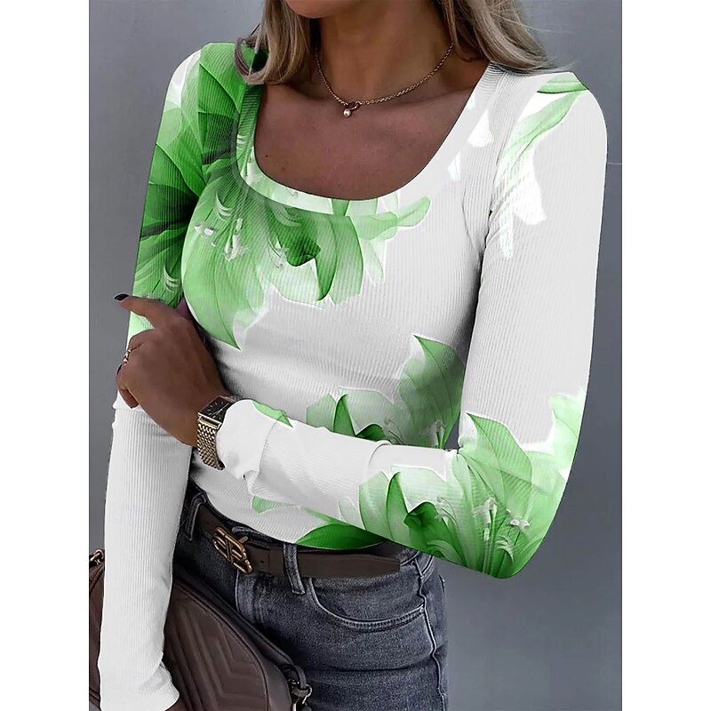 Women's T Shirt Ribbed Graphic Square Neck Long Sleeve Casual Floral Vintage Stylish Classic Regular Tops Daily Print Blue Purple Green Summer Spring Fall3