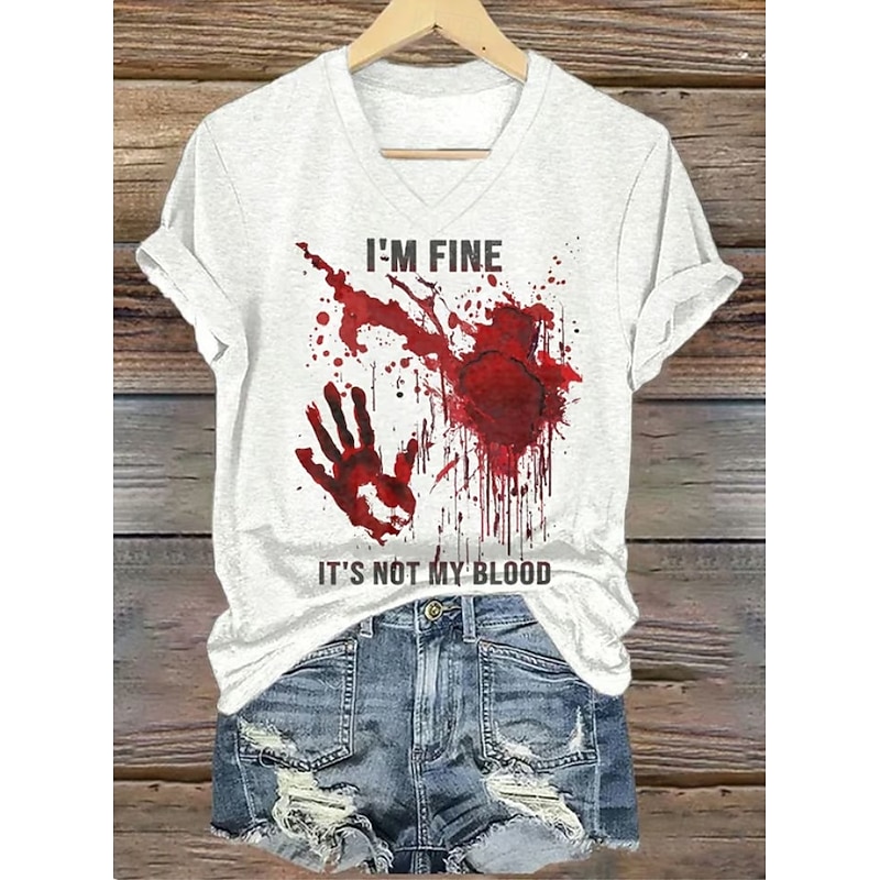 Halloween Bloody Problem Solved Women's T Shirt Bloodstain Graphic Letter Halloween Vintage Stylish Classic Short Sleeve V Neck Regular Tops Daily Print Gray/Red White Wine Red Red White Spring2