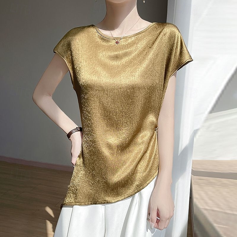 Women's T Shirt Tee Top Plain Fashion Modern Short Sleeve Crew Neck Regular Tops Daily Going out Weekend Asymmetrical Black Gold Khaki Beige Gray Summer