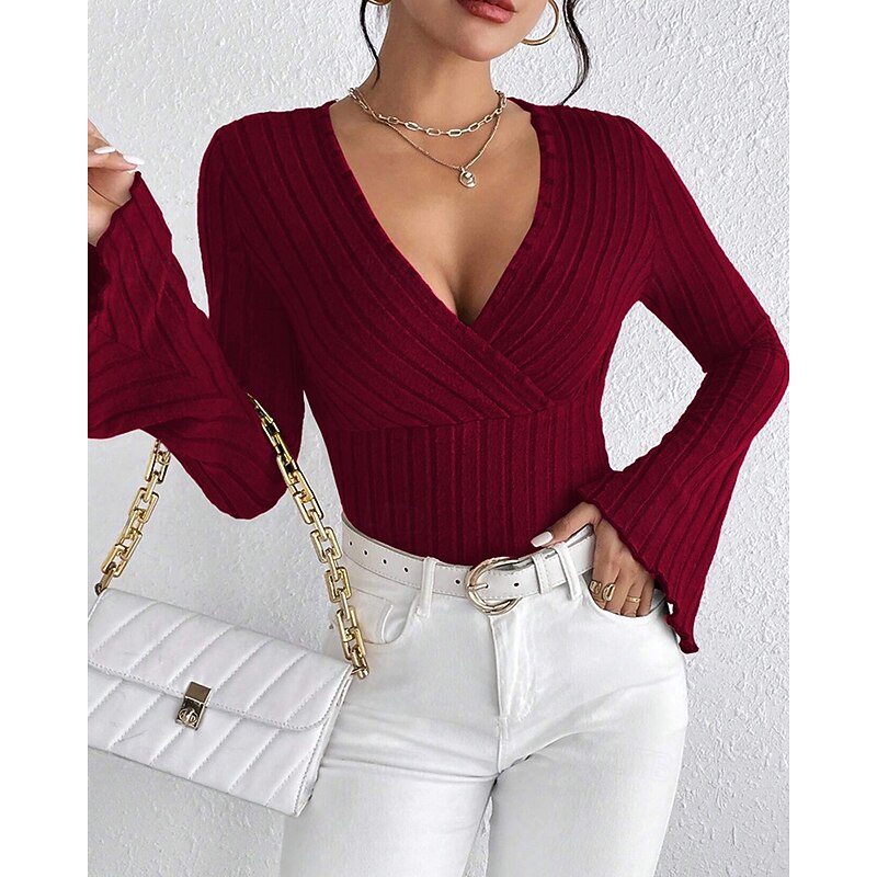 Women's Texture Blouse T Shirt Plain Fashion Modern Long Sleeve V Neck Regular Tops Daily Tunic Black Wine Summer3