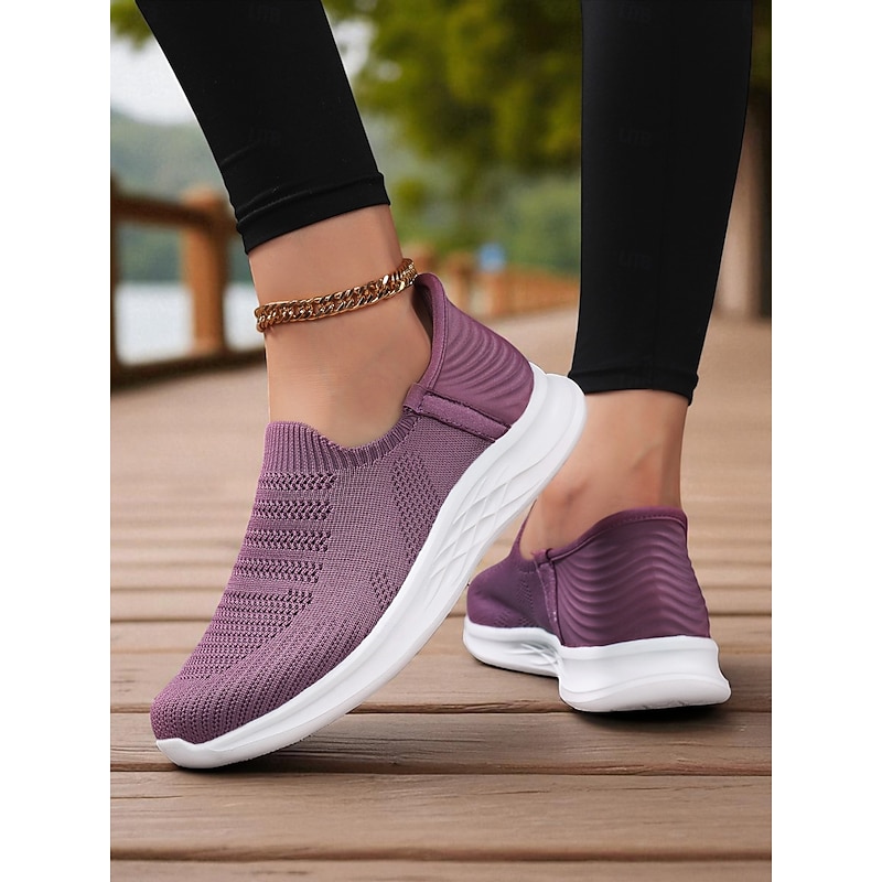 Women's Purple Slip-On Knit Walking Sneakers – Lightweight Breathable Athletic Shoes for Travel, Errands & Leisure Sports3