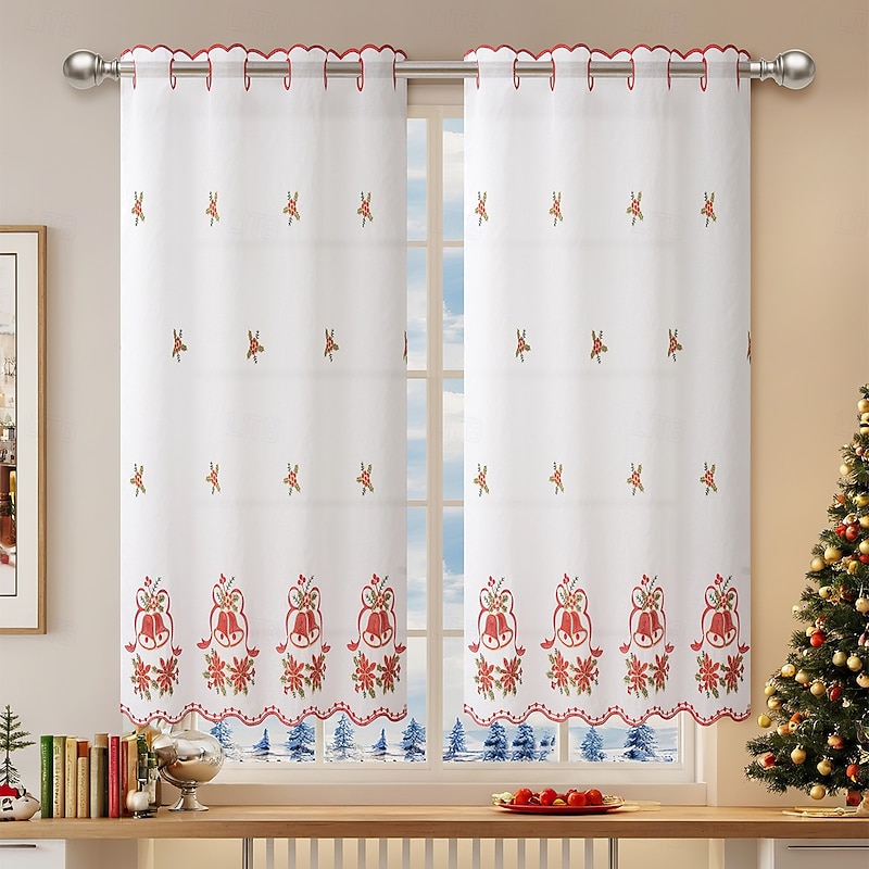 Curtain Drapes Christmas Embroidered Sheer Curtains  Eyelet Short Blackout Drapes, Ready-Made Holiday Decor for Living Room & Bedroom