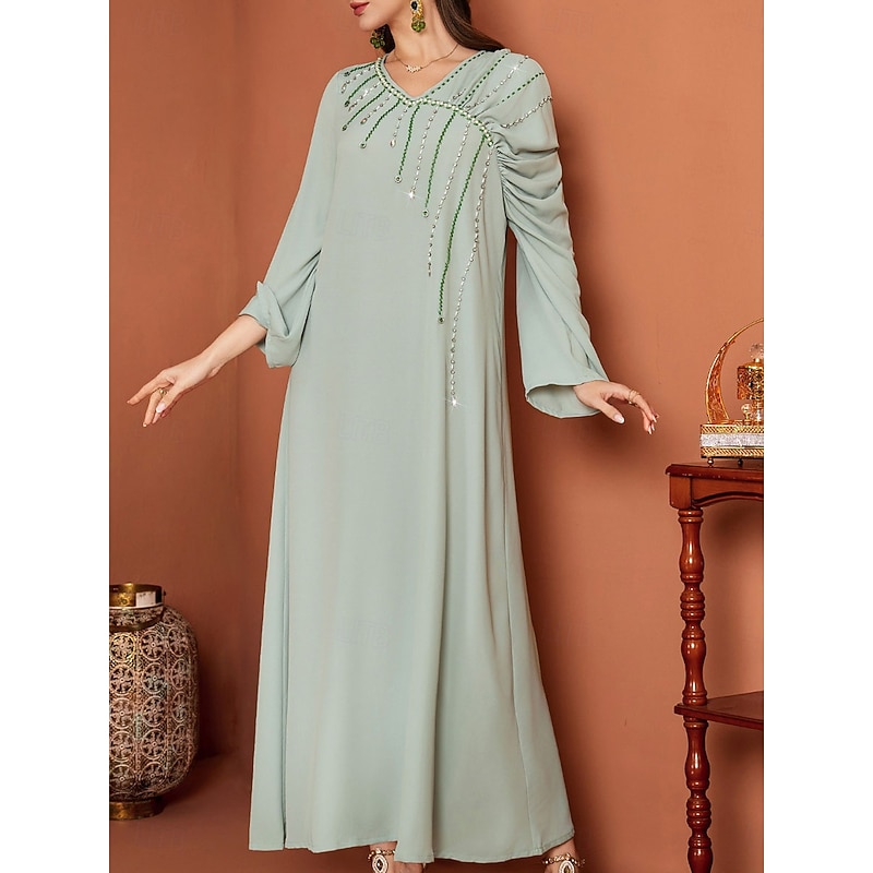 A-Line Mother of the Bride Dress Elegant V Neck Floor Length Chiffon Long Sleeve with Crystals