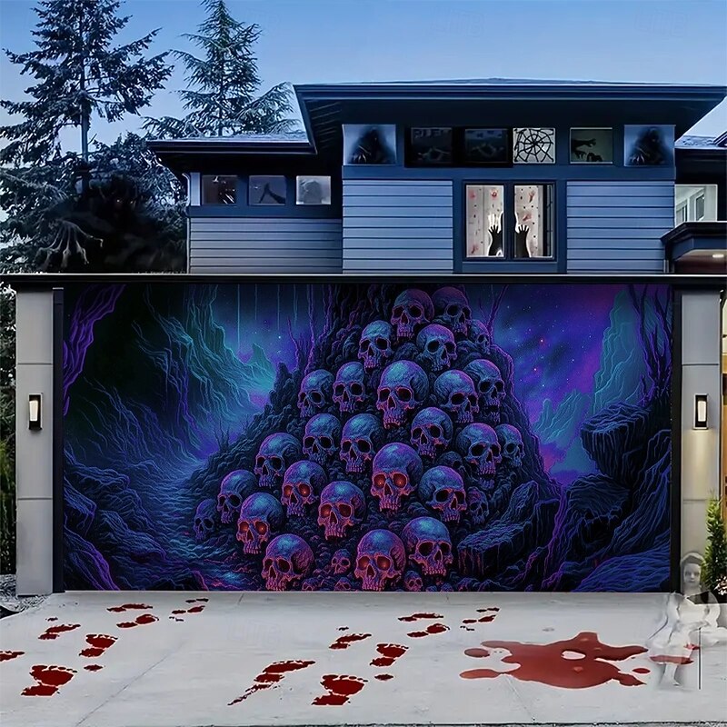 Halloween Garage Door Cover Neon Skull Pile Banner, Glowing Blacklight Backdrop Decoration for Holiday Outdoor Garage Door and Home Wall, 2025 Halloween Decorations4