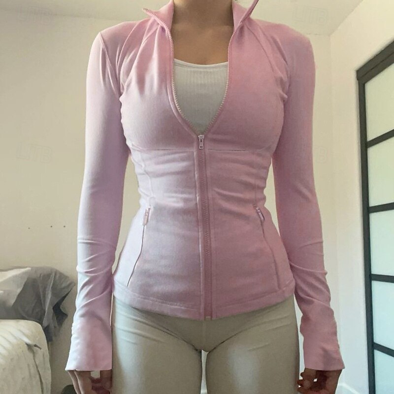 Women's Texture Blouse Wrap Crop Top Tight Tops Plain Daily Stylish Basic Long Sleeve Hooded Regular Tops Work Daily Holiday Zipper Black Pink Spring Fall2