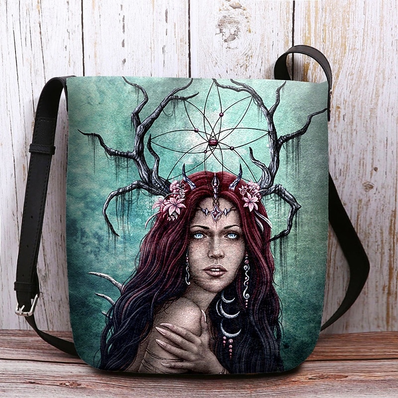 Women's Gothic Halloween Crossbody Bag  By Sarah Richter– Creepy Doll or Witch Print Shoulder Purse for Spooky Costume Parties and Festivals