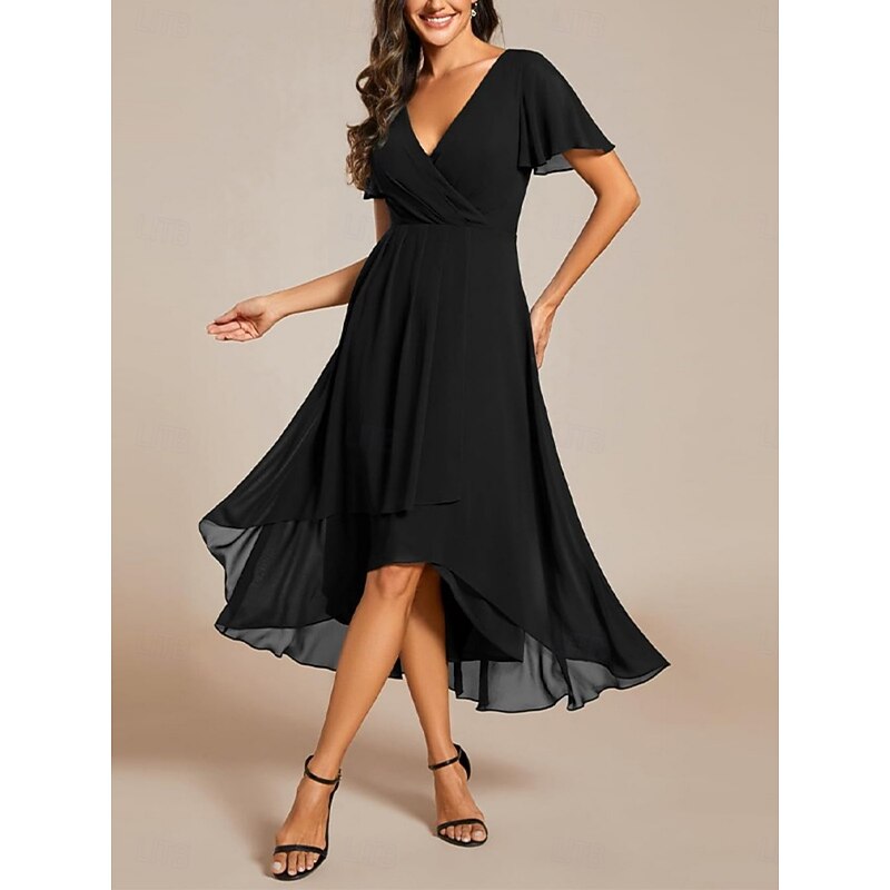 Women's Midi Dress Cocktail Dress Wedding Guest Dress Chiffon Elegant Fashion Modern Outdoor Cocktail Party Regular Fit Plain Short Sleeve V Neck Black Summer Spring3