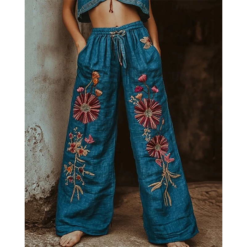 Women's Wide Leg Pants Trousers Palazzo Pants Casual Boho Full Length High Waist Flower Elastic Waist Drawstring Print Breathability Comfortable Street Daily Wear Going out Blue Spring Fall Regular