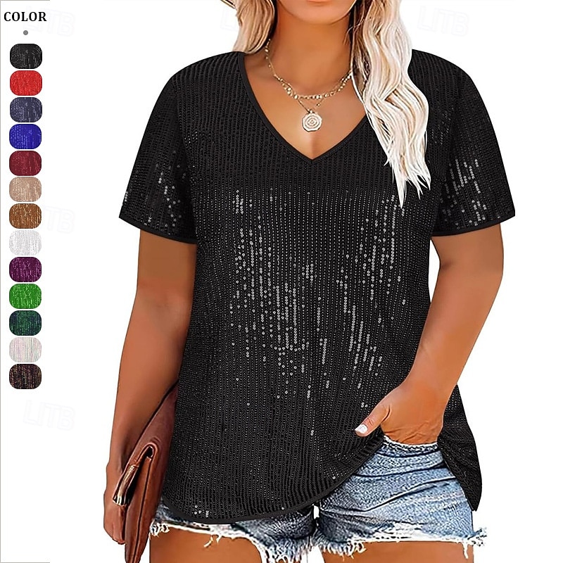 Women's Sequin Sparkly Party Glitter Sparkly Fashion Modern Short Sleeve V Neck Regular Tops Weekend Sequins Black White Red Navy Blue Blue Summer