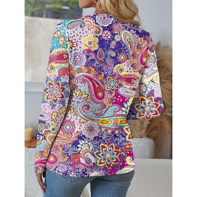 Women's T Shirt Graphic Geometric Vintage Stylish Modern Long Sleeve V Neck Regular Tops Daily Cut Out Print Red Blue Purple Spring Fall2