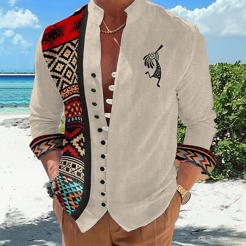 Men's Aztec Indian Culture Kokopelli Shirt Stand Collar Shirt Long Sleeve Ethnic Vintage Retro Vacation Daily Wear Going out Spring Fall Mandarin Collar Band Collar Button-Down Linen Like Shirt Khaki