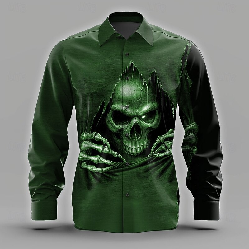 Men's Skull Grim Reaper Skeleton Shirt Button Up Shirt Long Sleeve Dark Punk Gothic Style Holiday Streetwear Summer Spring Turndown 3D Print Collared Shirts Black Wine Green Dark Blue3